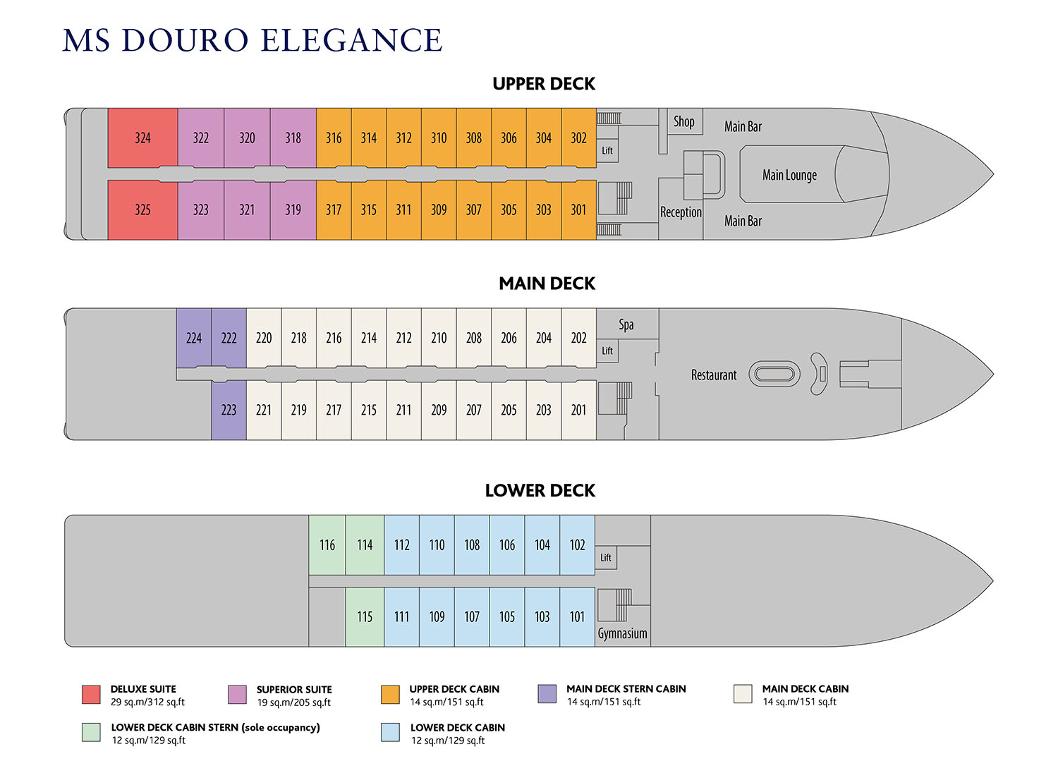 Full deck plan of the Ms Douro Elegance ship