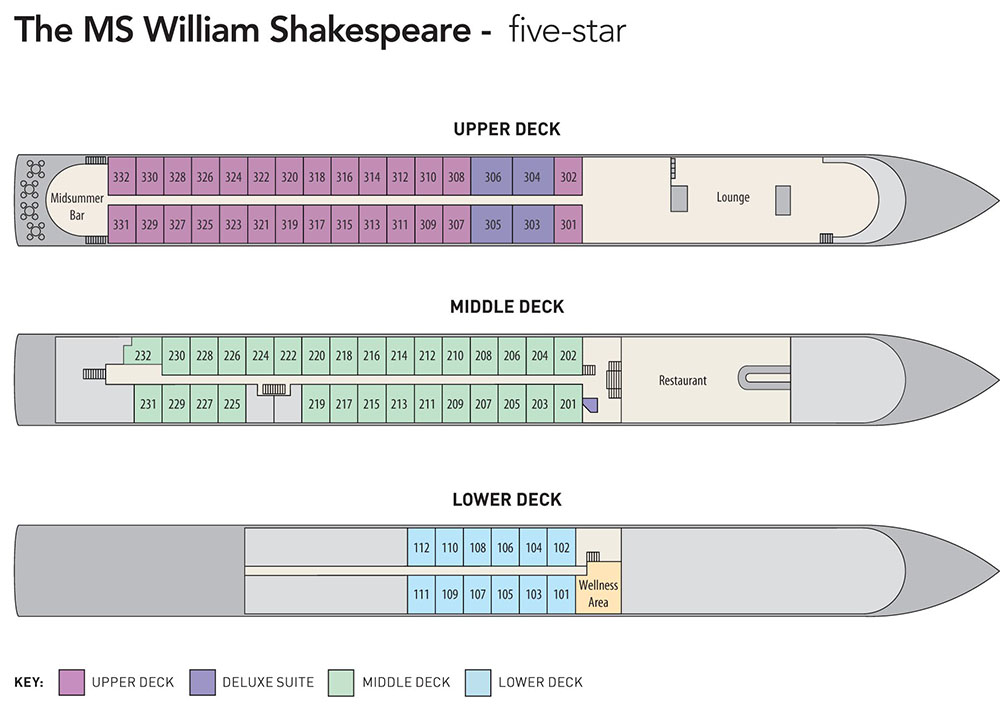 Full deck plan of the Ms William Shakespeare ship