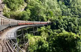 The Kuranda Railway train travelling along the largest bend in the track