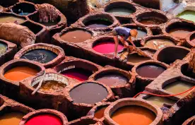 Man working in leather tanneries in medina Fez, Morocco
