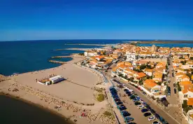 Aerial view of Saintes-Maries-de-la-Mer and beach in France