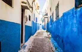 Narrow alley in Rabat Old Medina along a cobblestone pathway, walls painted in a stripe of white and blue, Morocco