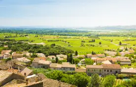 View from ruins of a castle of Châteauneuf-du-Pape town in Vaucluse, France