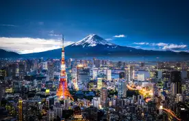 Tokyo evening skyline with Mt. Fuji in the background.