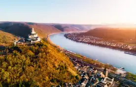 Aerial view of Braubach with the Marksburg castle and the river Rhine in Germany