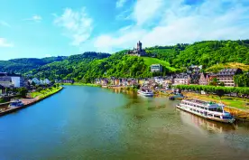 Aerial view of Cochem town and the Moselle Valley River in Germany