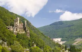 Rheinstein Castle partially concealed by the surrounding forests, on a valley leading down to River Rhine