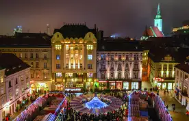 Night-time view of Bratislava Christmas market in Slovakia