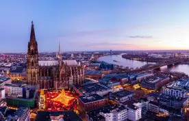 Aerial shot of the Cologne Christmas Markets during sunset in Germany
