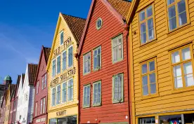 Row of brightly coloured Bryggen buildings in Bergen, Norway