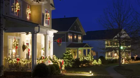 Traditional American, Victorian-style homes, decorated for Christmas