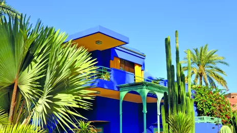Vibrant yellow and blue house, with palm trees in front of it in Marrakech