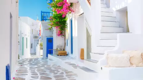 White-coloured buildings and bright flowers on the island of Mykonos, Greece