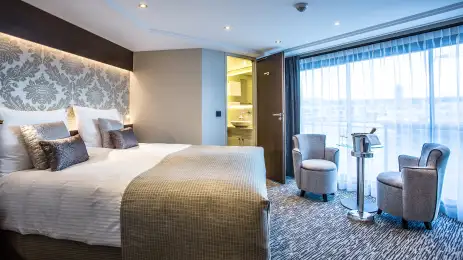 Interior of double bedroom aboard the Thomas Hardy ship