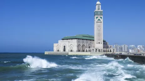 The Hassan II Mosque surrounded by the sea in Casablanca, Morocco