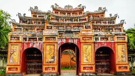 Large, colorful temple entrance to the temple Thế Miếu, Hue, Vietnam
