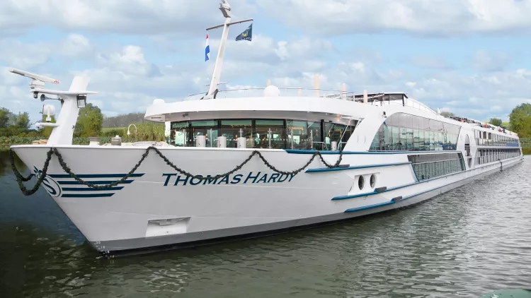 A front exterior shot of the Thomas Hardy ship