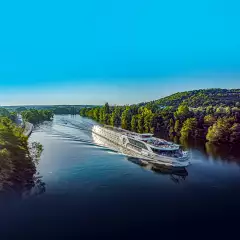 Jane Austen river cruise ship from Riviera sailing down the blue waters on the moselle river 