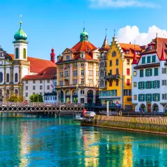 Colourful houses overlook the Reuss River in Lucerne, Switzerland