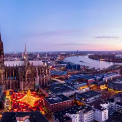 Aerial shot of the Cologne Christmas Markets during sunset in Germany