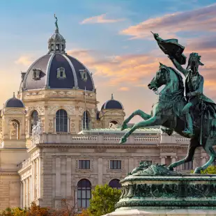 Statue of Archduke Charles on Heldenplatz square and Museum of Natural History dome, Vienna, Austria