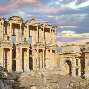 Celsus library in the Roman ruins of Ephesus during sunrise in Turkey