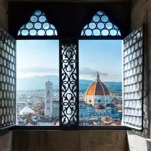 View out of an old window of Florence Cathedral and the surrounding city