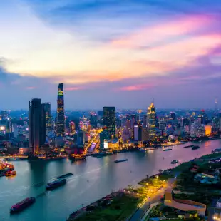 Aerial view of Ho Chi Minh City skyline at sunset in Saigon, Vietnam