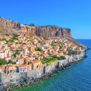 Aerial view of the old town of Monemvasia in Lakonia of Peloponnese, Greece