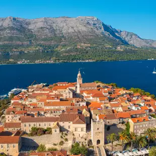 Aerial view of Korcula town on Korcula island, Adriatic Sea, Croatia