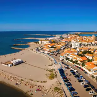 Aerial view of Saintes-Maries-de-la-Mer and beach in France