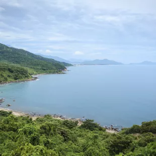 Misty view of the East Sea from Son Tra Mountain's shoreline, Vietnam