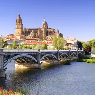 View of bridge across river in Spain with Salamanca cathedral in the background