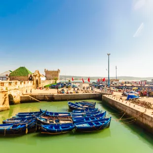 Fishing boats in the port of Essaouira city in Marakesh, Morocco