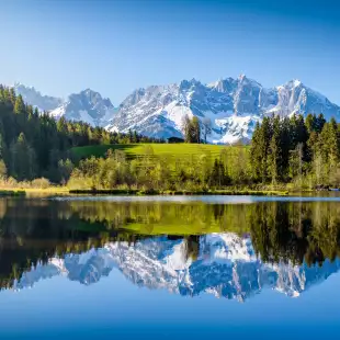 Idyllic alpine scenery with a lake and snowy mountains in Tyrol, Austria