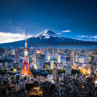 Tokyo evening skyline with Mt. Fuji in the background.