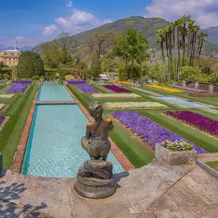 The botanical garden of Villa Taranto with colourful flower beds in Pallanza, Verbania, Italy.