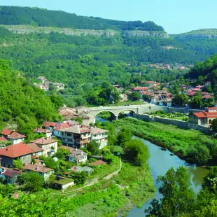 Aerial view of Veliko Tarnovo city and river from Tsarevets hill in Bulgaria