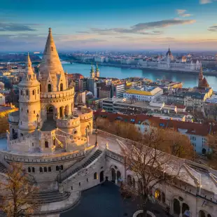 Aerial view of Fishermans Bastion and Budapest with Parliament building and River Danube in Hungary