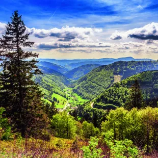 Feldberg Mountain, Germany, with views of distant Hills and Forests under a blue cloudy sky