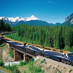 A landscape shot of the Rocky Mountaineer train