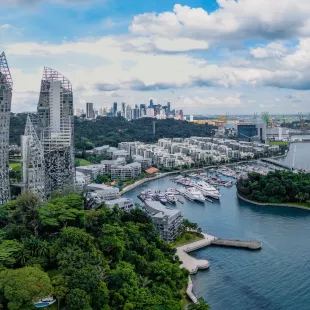 View of Singapore from above, including marina, greenery and skyscrapers