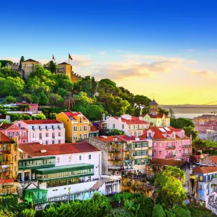 Old town cityscape skyline at dusk in Lisbon, Portugal