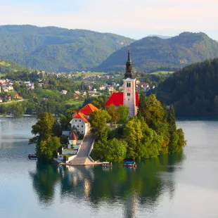 Santa Maria Church catholic church on an island in the centre of Lake Bled, Slovenia