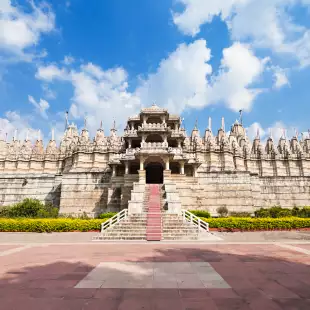 Exterior front view of the Ranakpur Temple in Rajasthan, India