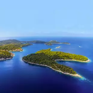 Aerial of a National Park on the island of Mljet and pine forest in Croatia