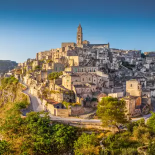 Panoramic view of the ancient town of Matera at sunrise in Basilicata, Italy