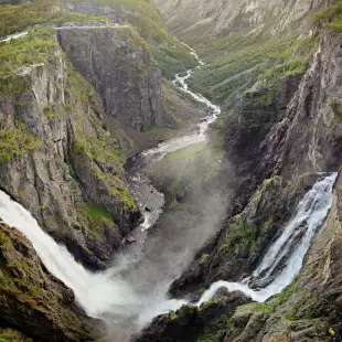 View from the Vøringsfossen waterfall overlooking Mabodalen valley, Norway