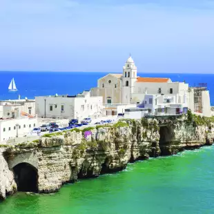 Old Town Of Vieste with Hotel Rocca Sul Mare along a branch of coastline, Italy