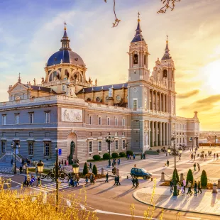 The Almudena cathedral during sunset in Madrid, Spain